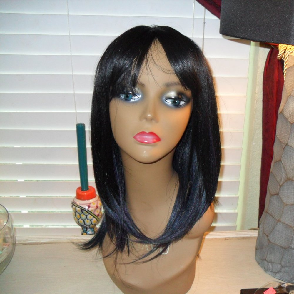 Wig, bangs purple blue highlights